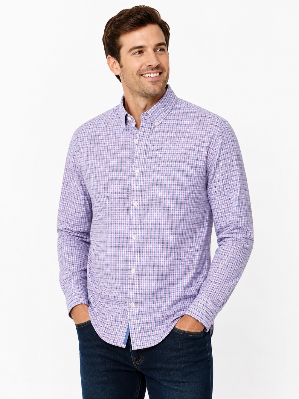 UNTUCKit Mevers Shirt Size XL Slim Fit Purple Blue Plaid Stretch Button Up